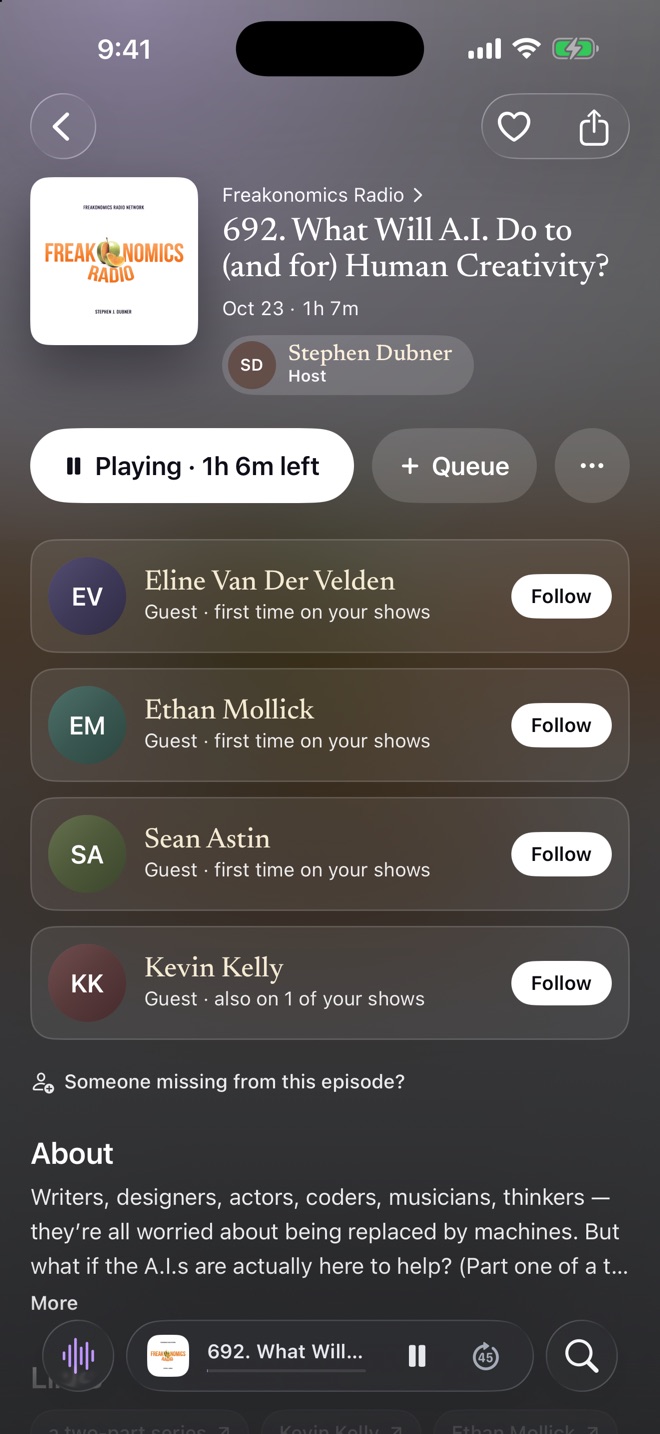 A Freakonomics Radio episode page with its guests' cards